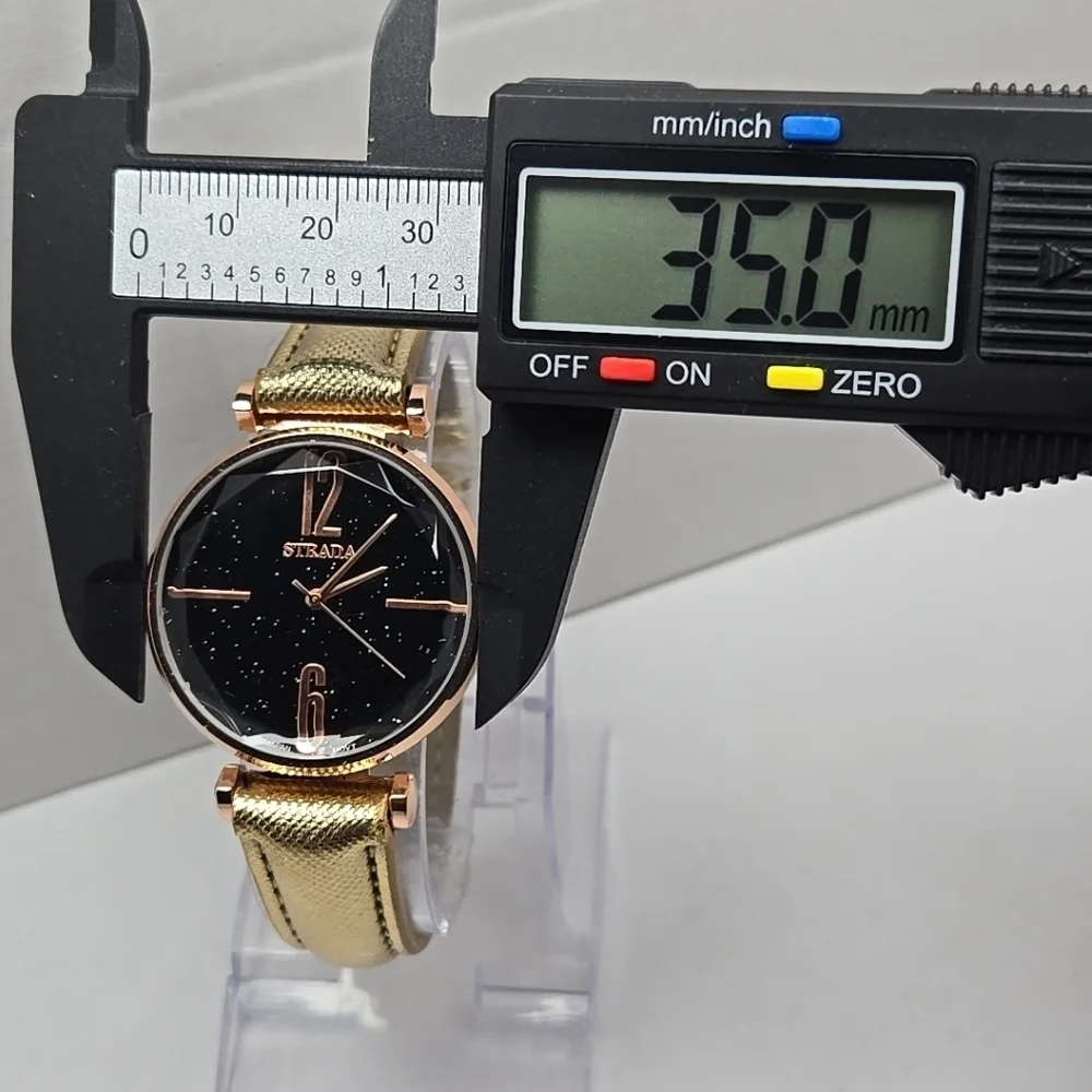 Womens Strada Rose Gold Tone Diamond Cut Bezel Watch Leather Sparkle New Battery